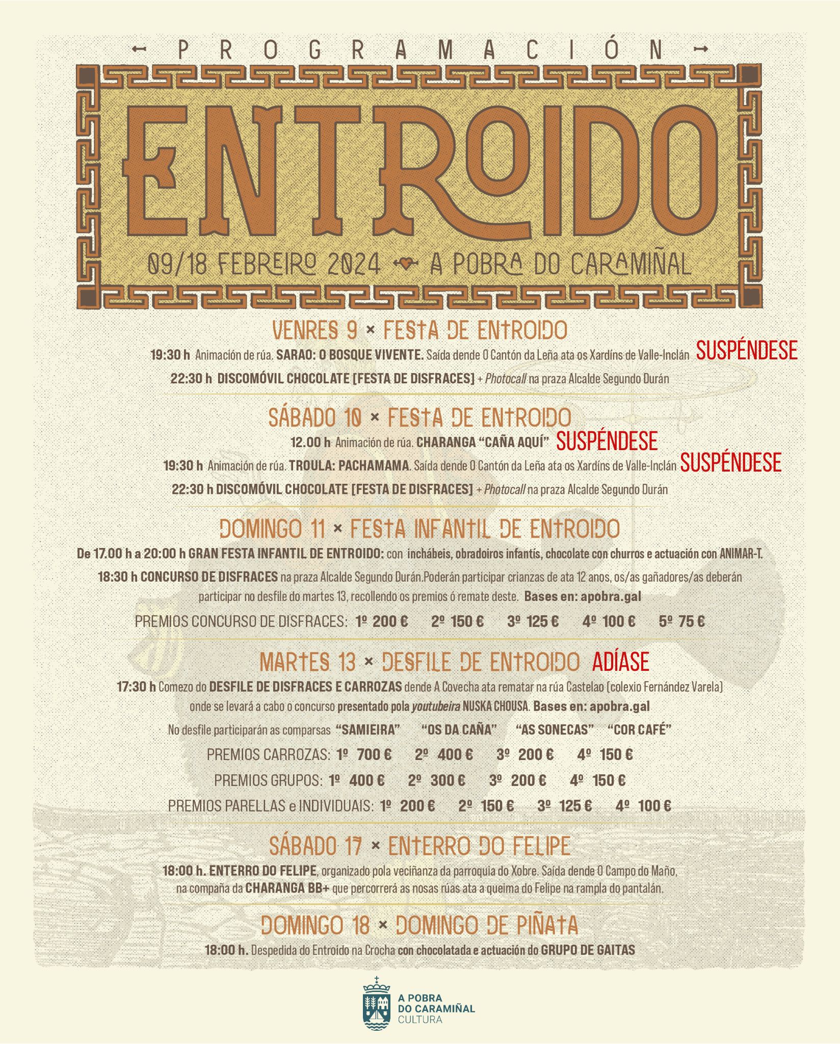 Cartel do Entroido 2024 coa suspensión da animación de rúa e cambio do desfile