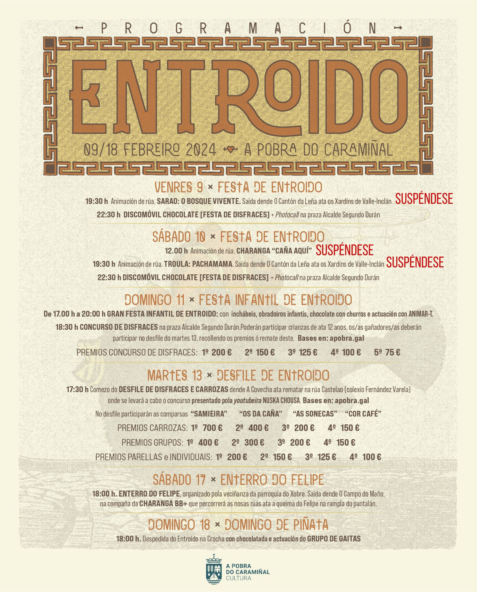 Cartel do Entroido 2024 coa suspensión da animación de rúa