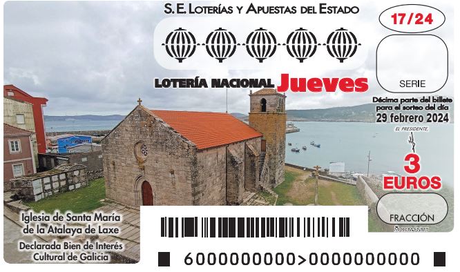 Imaxe Décimo Loteria coa Igrexa Parroquial de Laxe