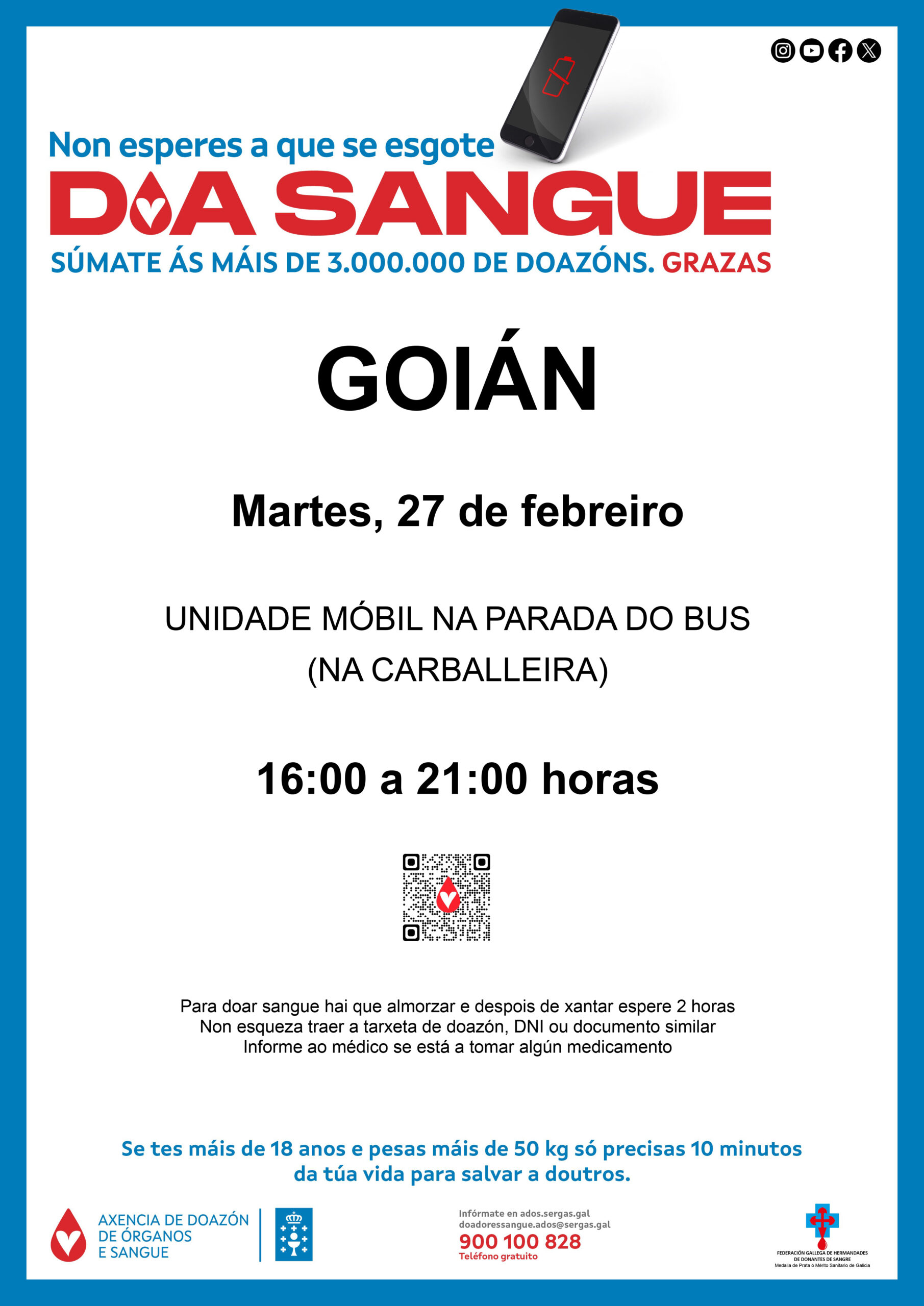 Unha unidade móbil de doazón de sangue estará en Goián este martes 27 de febreiro