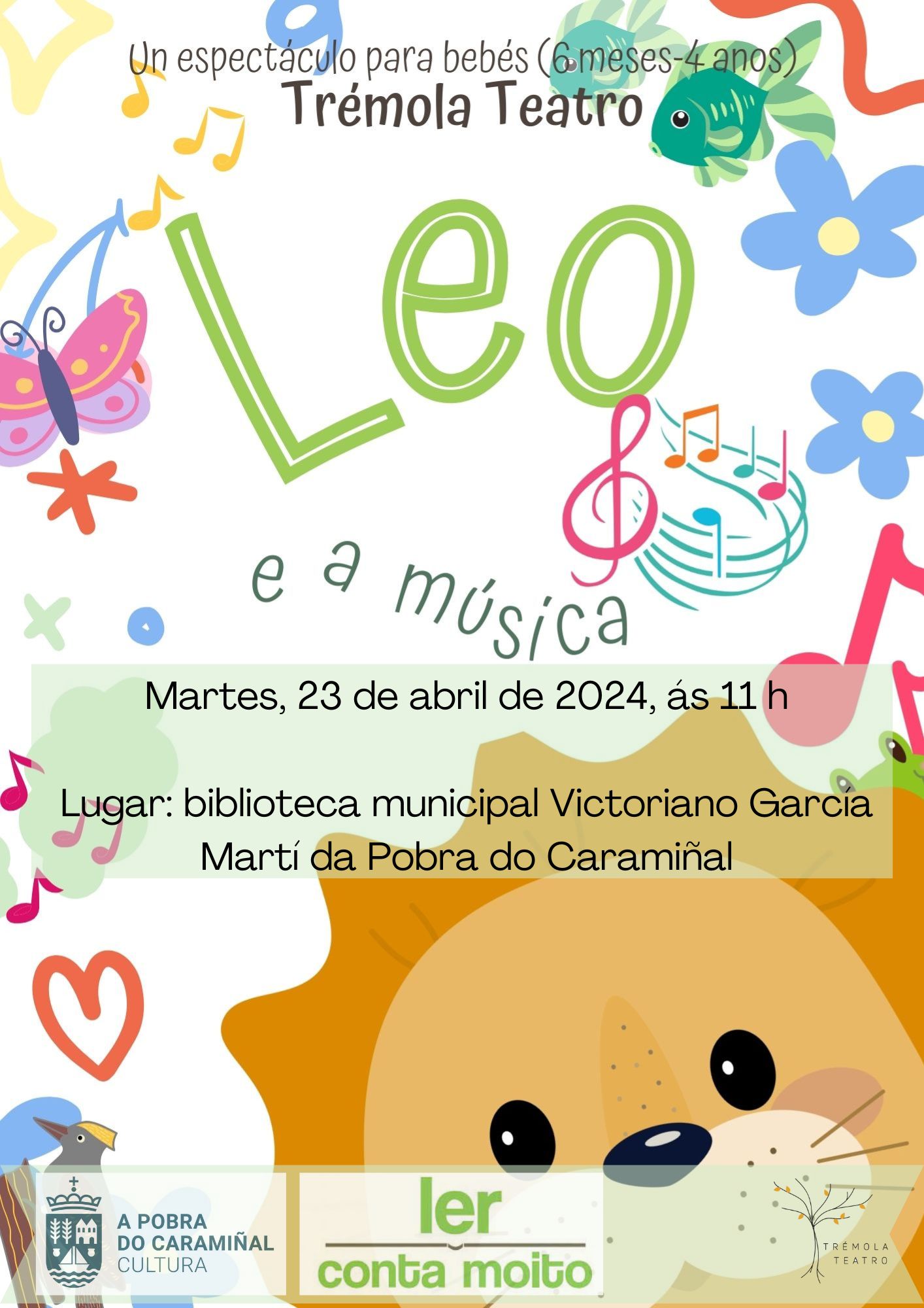 Cartel do contacontos infantil Leo e a música. Día Internacional do Libro 2024