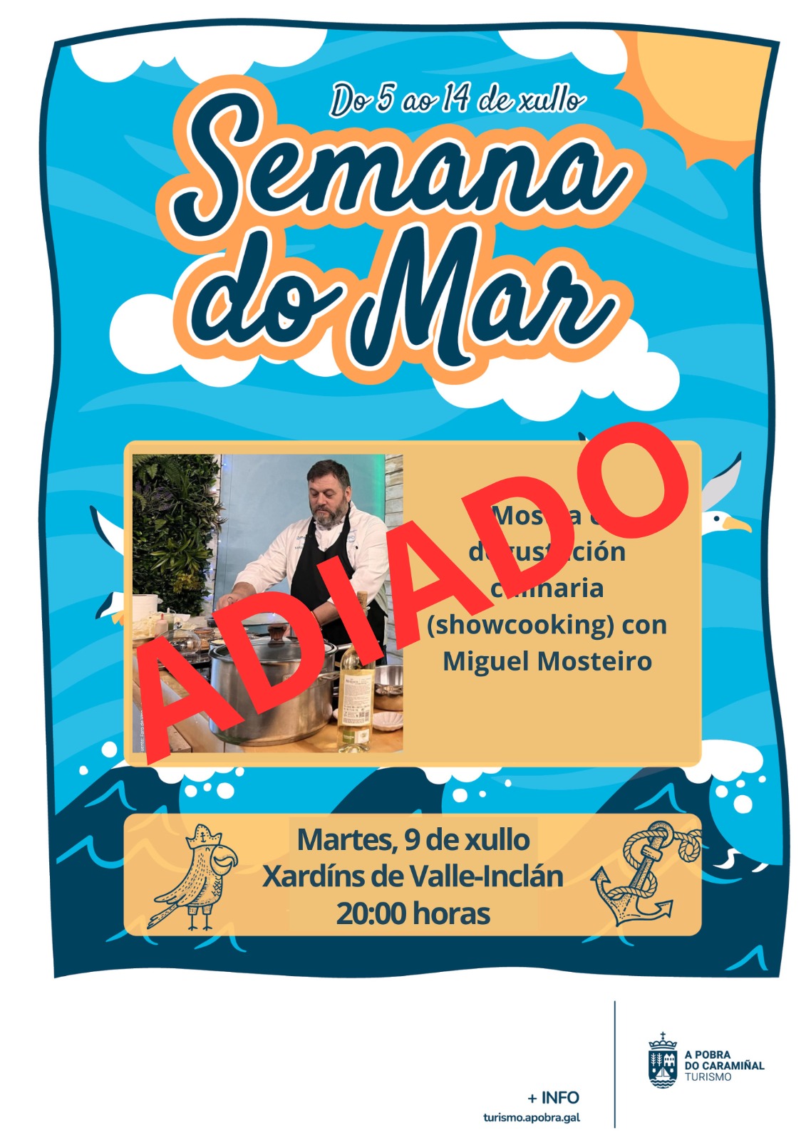 Cartel de que se adía a mostra e degustación culinaria. Semana do Mar 2024