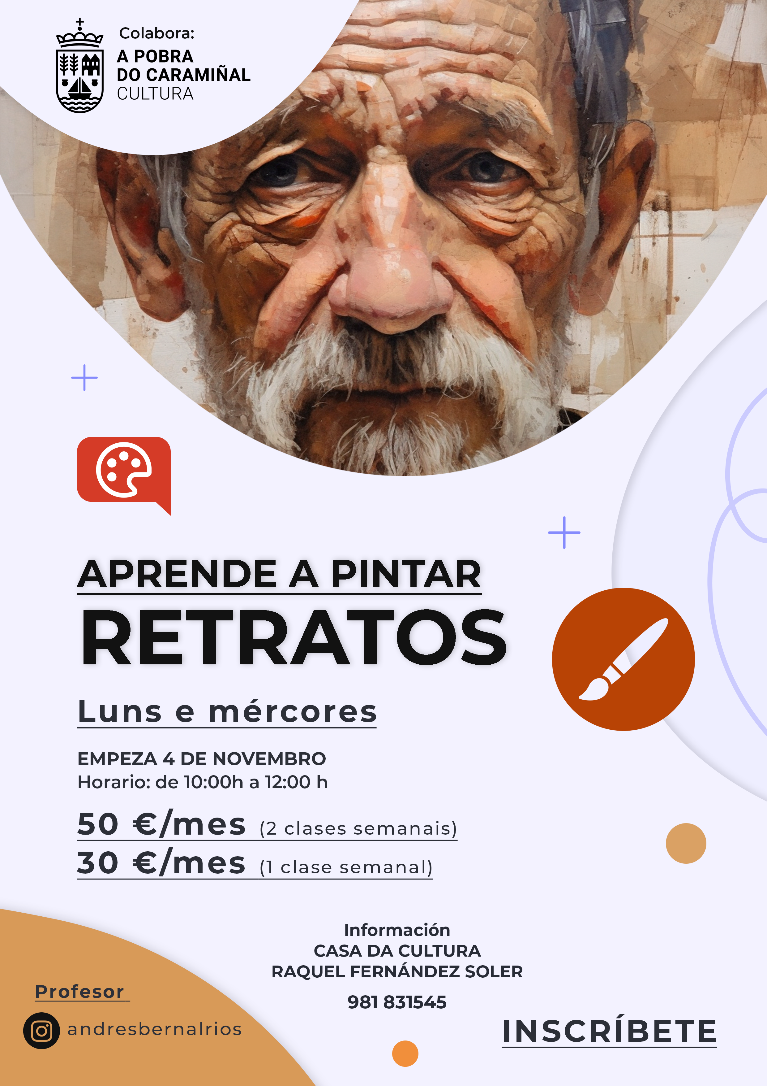 Cartel das clases de retratos pictóricos. Oferta formativa cultural 2024-2025