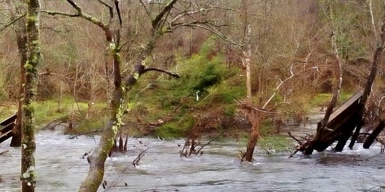 Buratos e unha pasarela no medio do río, consecuencias da crecida do Tea
