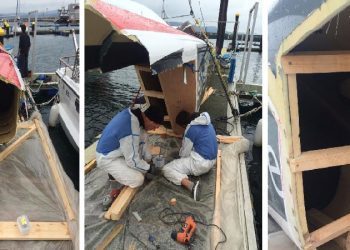 El equipo del Multi 50 “FenêtréA Cardinal” intenta una reparación de urgencia en Camariñas