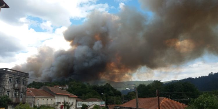 Un incendio en Crecente arrasa 30 hectáreas e corta o tren entre Ourense e Vigo